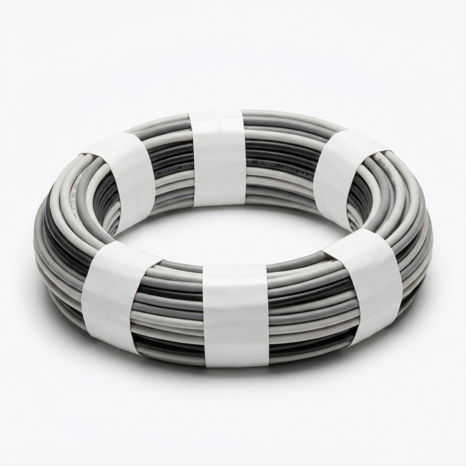 A coil of grey and black electrical cable held in a neat ring by six white tape straps spaced around it.
