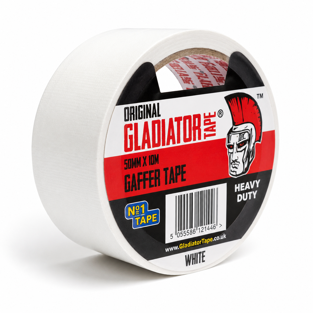 A retail labelled roll of white Gladiator gaffer tape, the wrap printed 50mm x 10m, heavy duty, white, with a barcode.