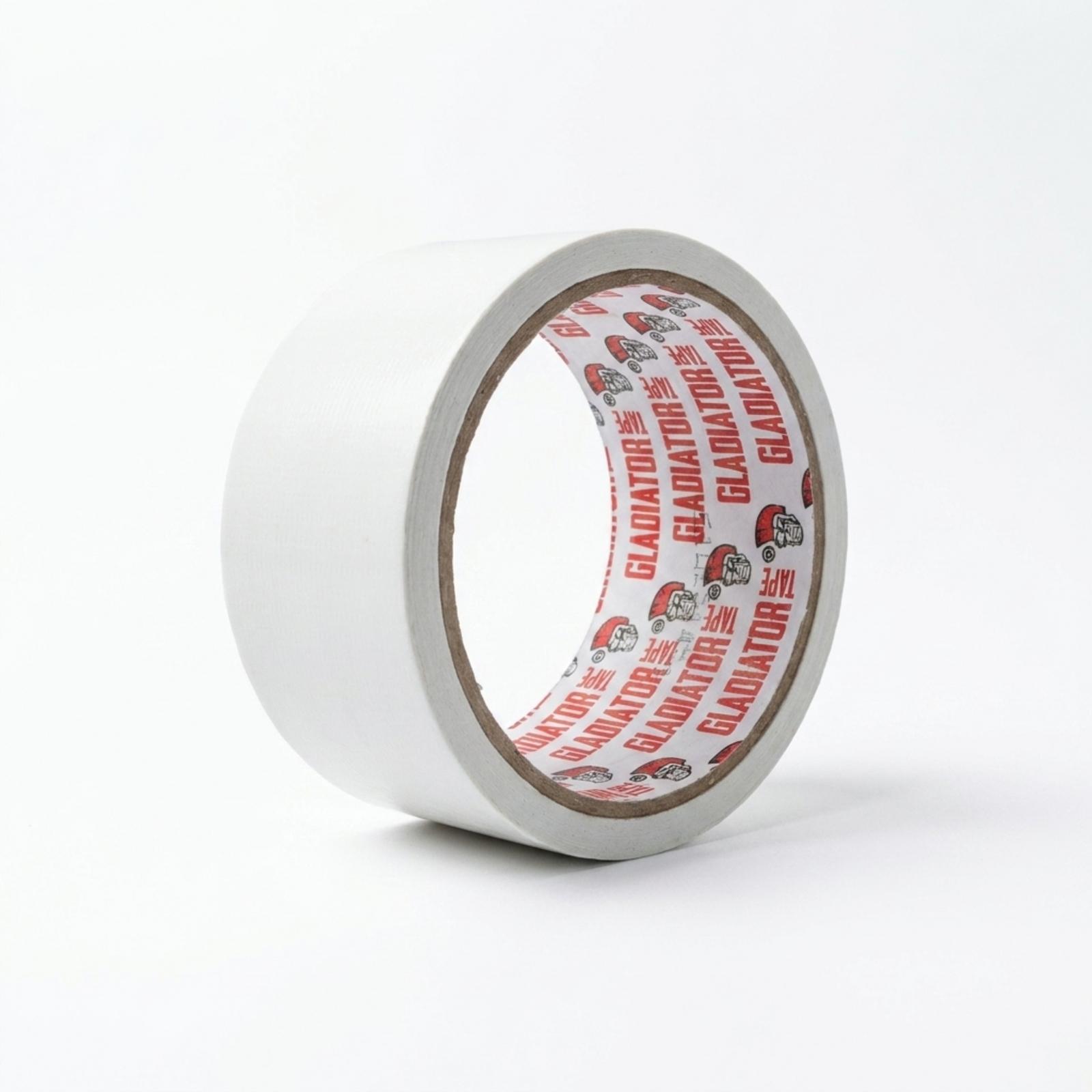 A roll of white cloth tape at a three-quarter angle, showing the woven surface across its width and the branded core.