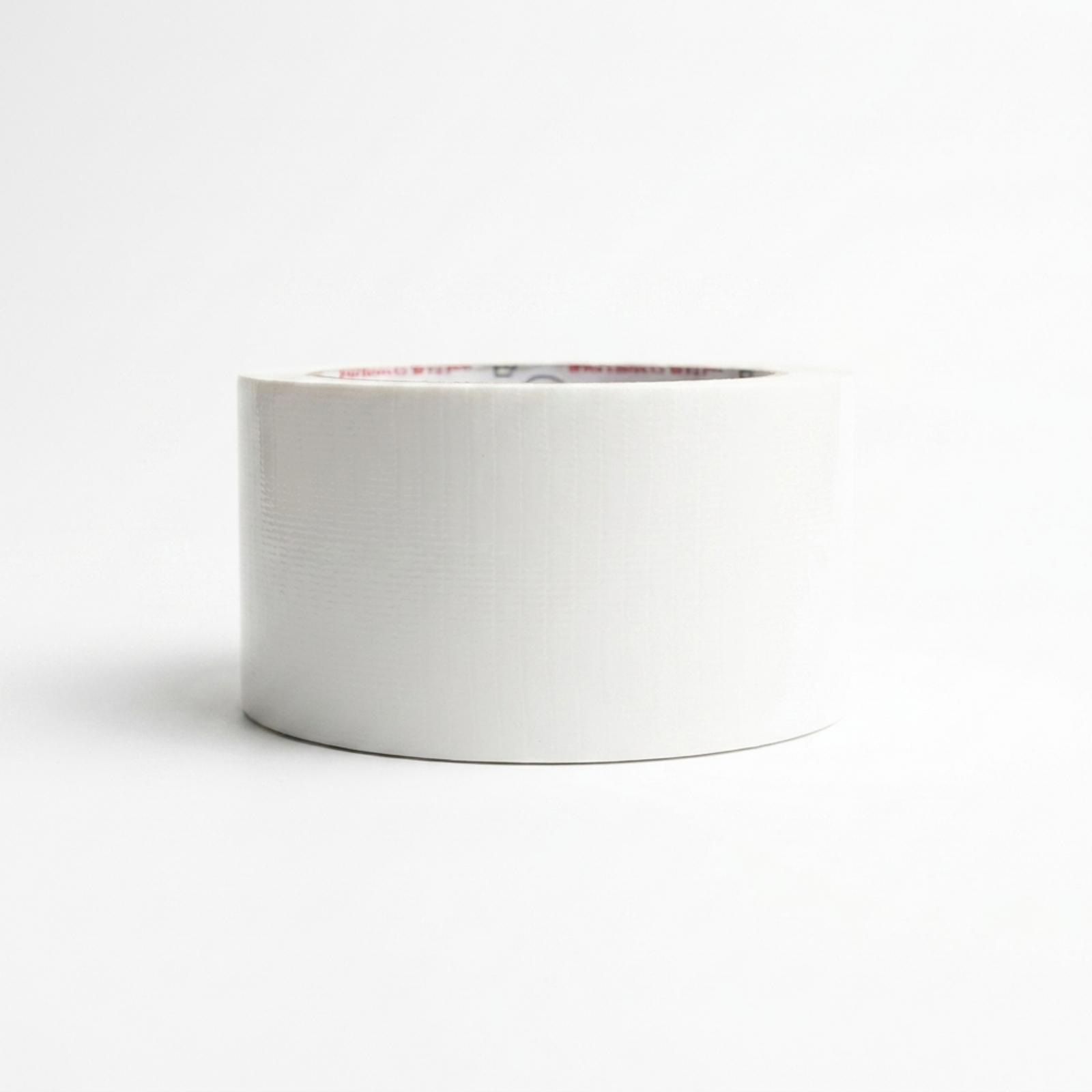 A roll of white cloth tape seen straight from the side, the woven cloth weave visible across the full 50mm width.