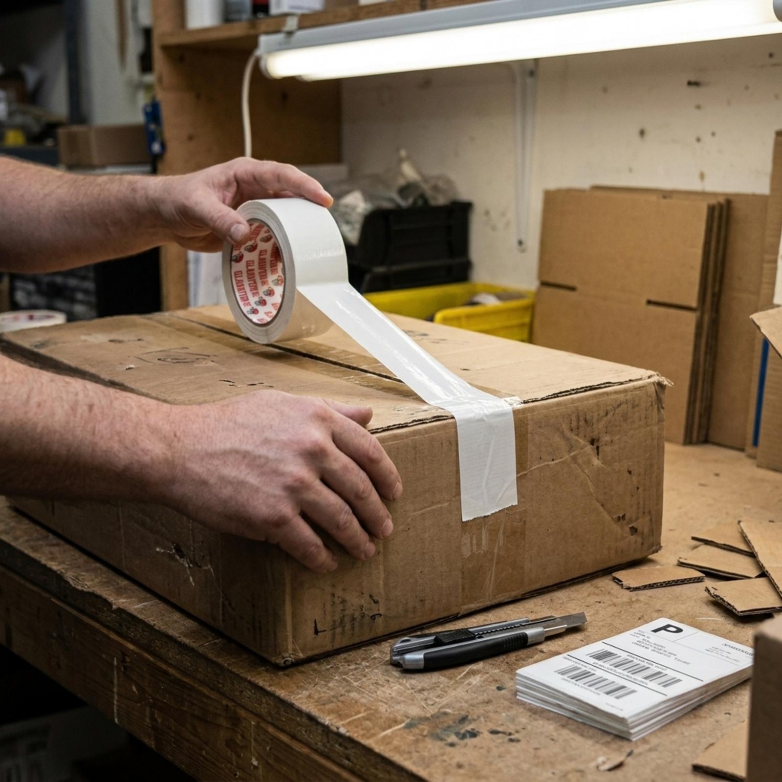 A hand pulling white gaffer tape from the roll to seal a used cardboard box on a workshop bench, with a craft knife and a stack of shipping labels alongside.