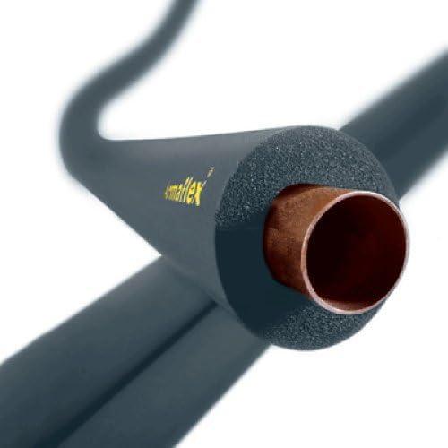 Black Armaflex foam insulation fitted along a copper pipe, cut square at the end so the pipe and the wall thickness of the foam are both visible.
