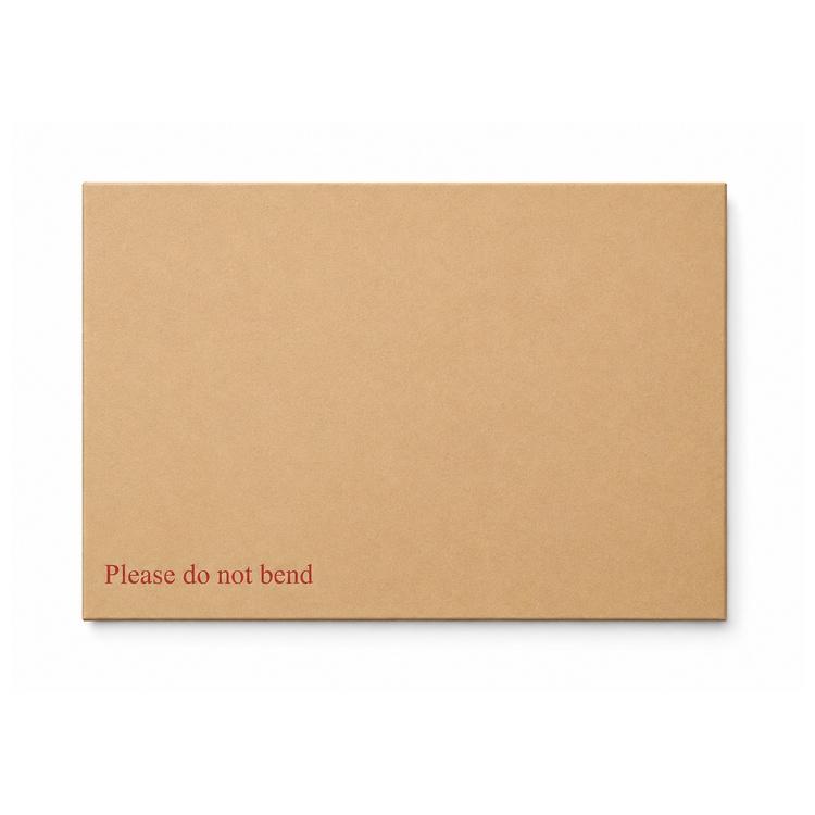 A single C4 hardbacked manilla envelope photographed flat and face on, printed "Please do not bend" in red.