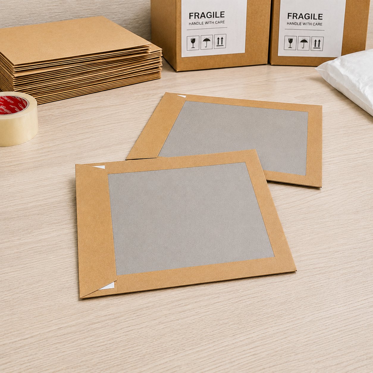 Two C5 hardbacked envelopes opened on a desk showing their grey board backing, beside a stack of envelopes, fragile-labelled boxes and a roll of tape.