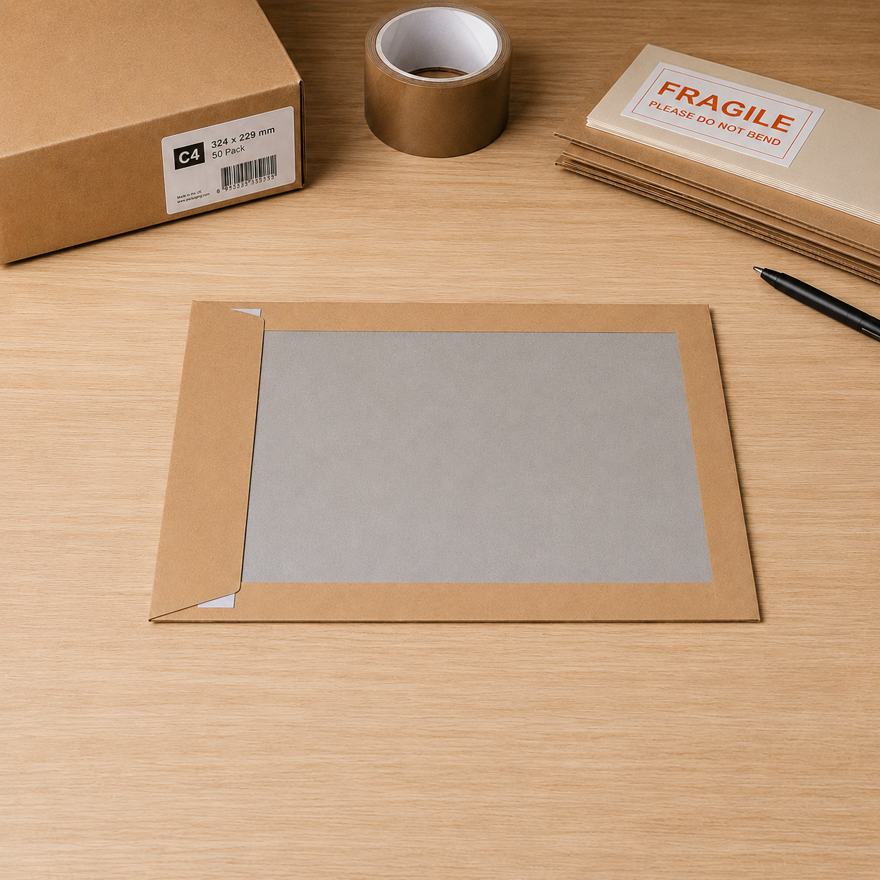 A C4 envelope open on a desk beside its retail box, printed C4, 324 x 229 mm, 50 pack, with a roll of tape, fragile labels and a pen.