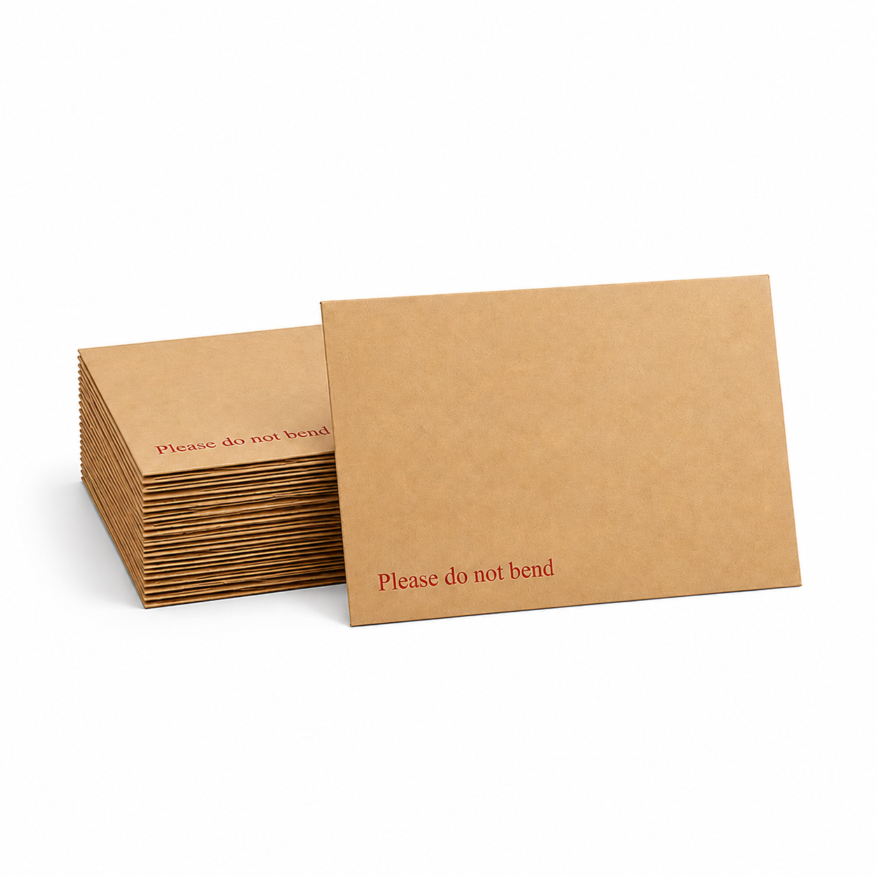 A large stack of C5 hardbacked envelopes with one leaning against it, both printed "Please do not bend" in red.