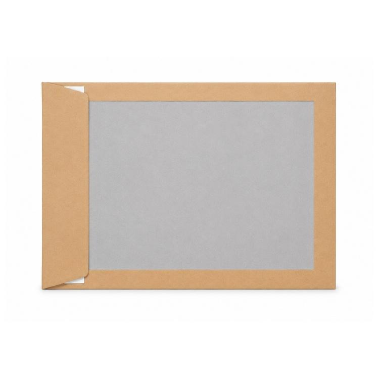 A C4 hardbacked envelope face on with the flap open, showing the grey board panel that keeps the contents flat.
