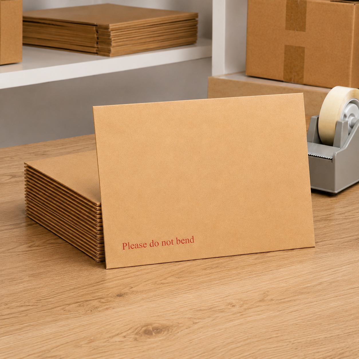 A C5 hardbacked envelope stood upright against a stack of the same envelopes, on a desk with a tape dispenser and cartons behind.