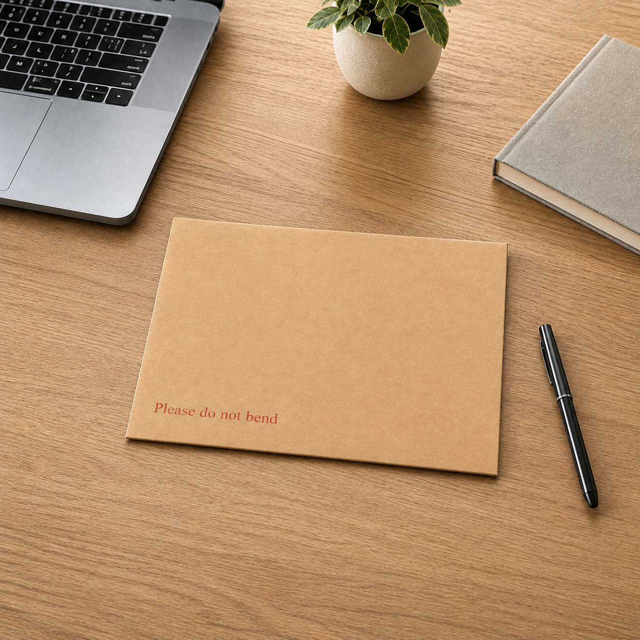 A C5 hardbacked manilla envelope lying on a desk beside a laptop, a plant, a notebook and a pen.