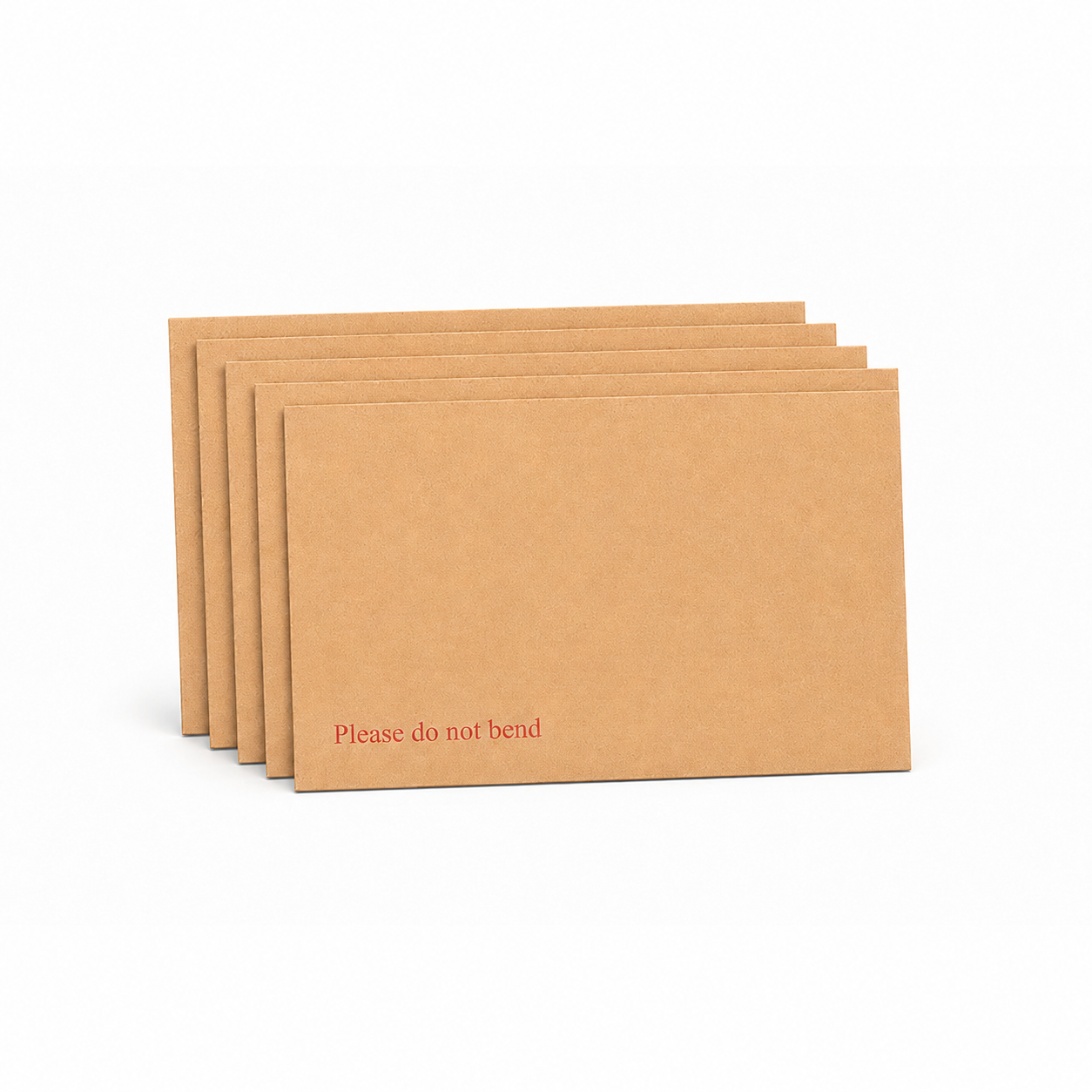 Five C5 hardbacked manilla envelopes fanned upright in a row, each printed "Please do not bend" in red.