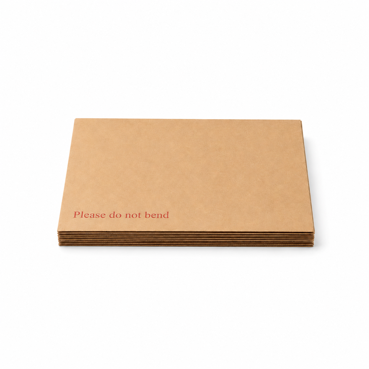 A small stack of C5 hardbacked manilla envelopes lying flat, the top one printed "Please do not bend" in red.