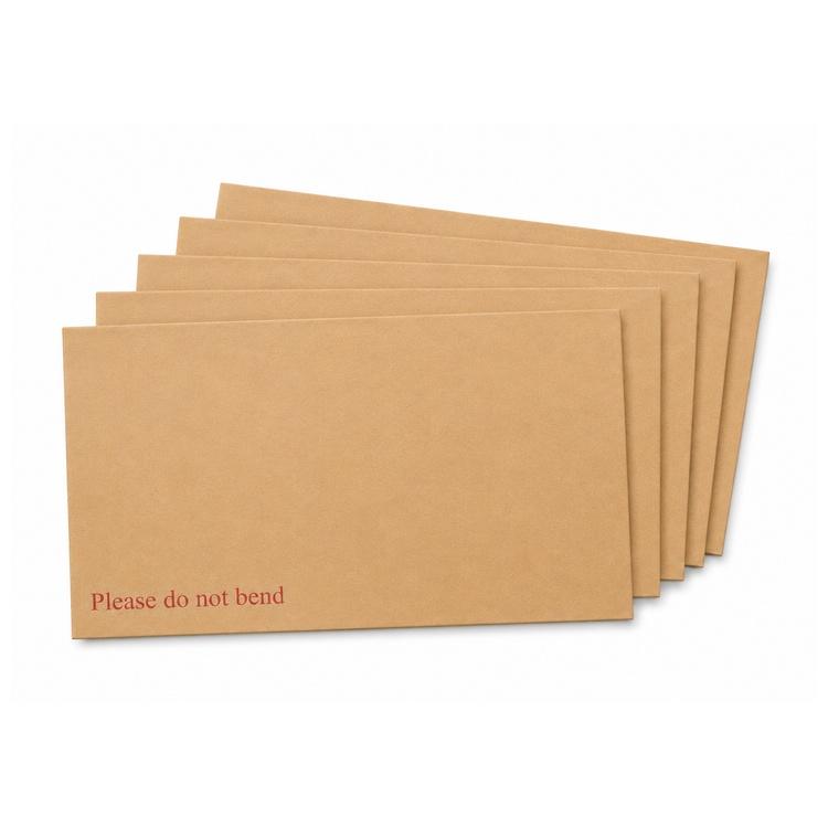 Five C4 hardbacked manilla envelopes fanned out in a row, each printed "Please do not bend" in red at the lower left.