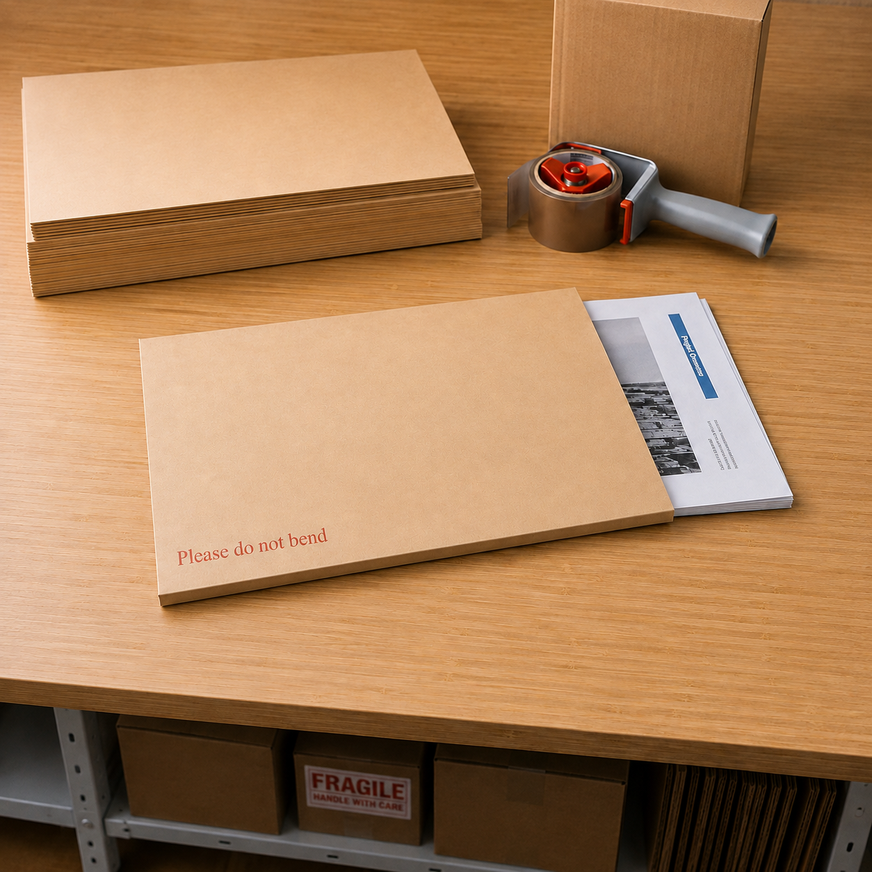 A C4 envelope on a packing bench with a document sliding out of it, beside a stack of envelopes, a tape gun and cartons on a shelf below.