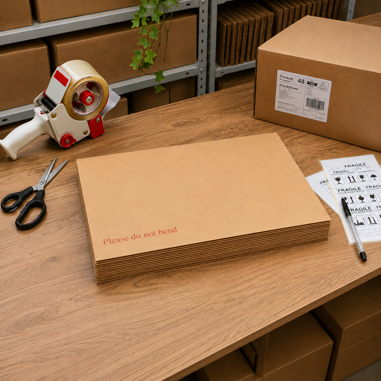 A tall stack of C4 envelopes on a warehouse packing bench with a tape gun, scissors, fragile labels and a labelled carton behind.