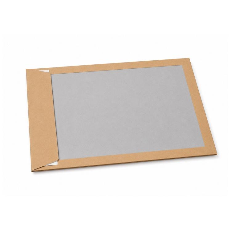 A C4 hardbacked envelope opened at an angle, the grey board backing inside and the white peel and seal strip along the flap both visible.