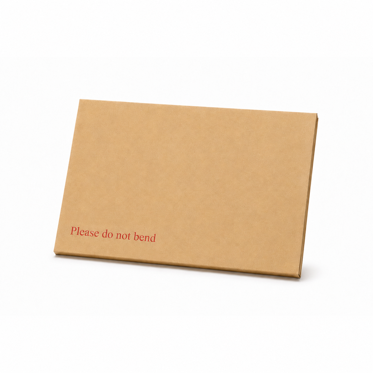 A single C5 hardbacked manilla envelope standing at an angle, printed "Please do not bend" in red.