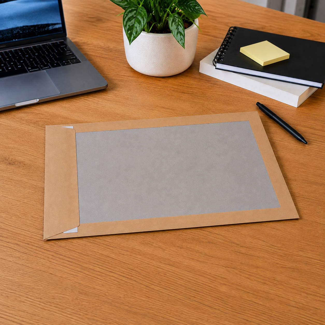 A C4 hardbacked envelope open on a wooden desk beside a laptop, a potted plant and a notebook.