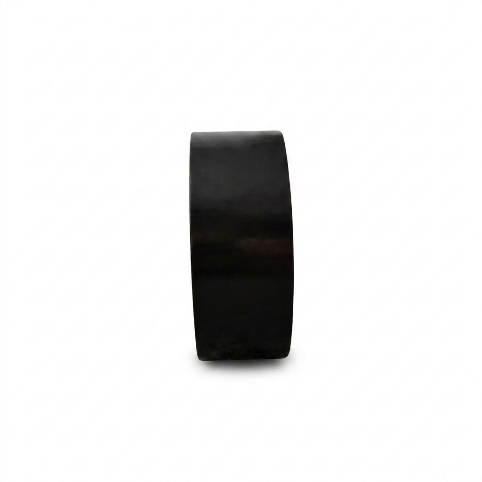 A roll of black cloth duct tape seen edge-on, showing the full width of its black outer face against a white background.